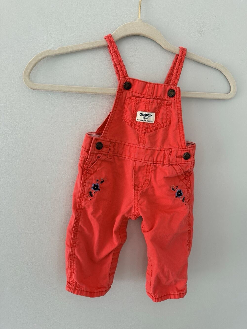 OshKosh B’gosh Baby Girl Overalls 6M Coral Floral Embroidery Braided Straps
